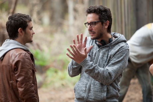Director Fede Alvarez (right) with Shiloh Fernandez on the set of TriStar Pictures' EVIL DEAD.